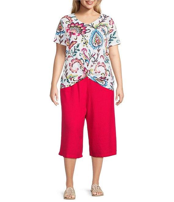 Allison Daley Plus Size Arabesque Floral Print Short Sleeve V-Neck Twist Hem Slub Jersey Knit Top Product Image