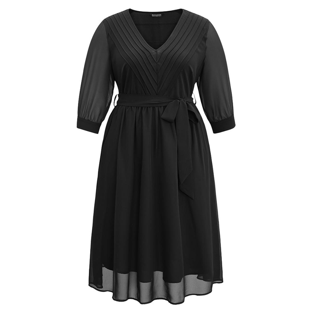Plus Size Mesh Patchwork Belted Pleated Dress Black Women Elegant Lined V-neck Elbow-length sleeve Curvy Midi Dress BloomChic 12/L Product Image