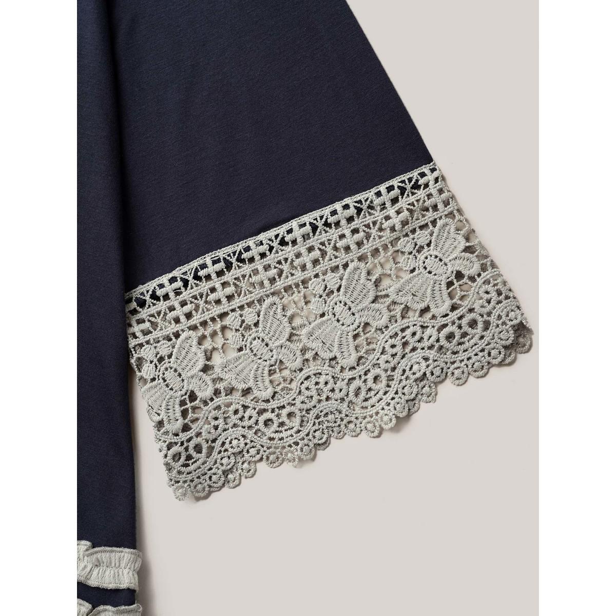 Plus Size Lace Panel Color Contrast Tunic T-Shirt Navy Women Elegant Woven ribbon&lace trim Boat Neck Loose Everyday T-shirts BloomChic 12/L Product Image