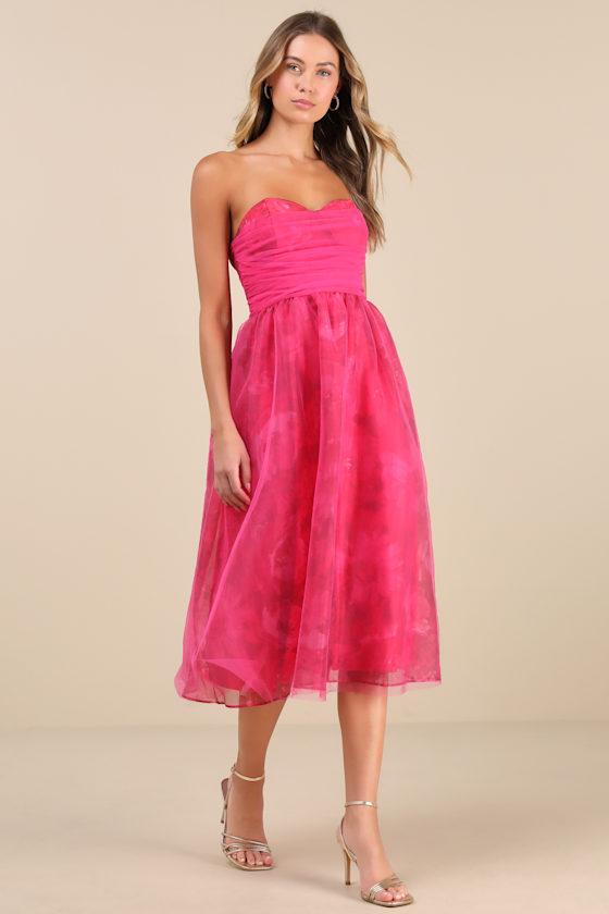 Splendidly Yours Pink Floral Organza Mesh Strapless Midi Dress Product Image