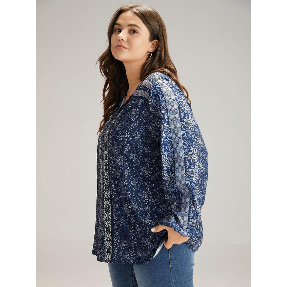 Plus Size Indigo Bandana Print Tassels Ties Blouse Women Vacation Long Sleeve Tie Neck Dailywear Blouses BloomChic 30/6X Product Image