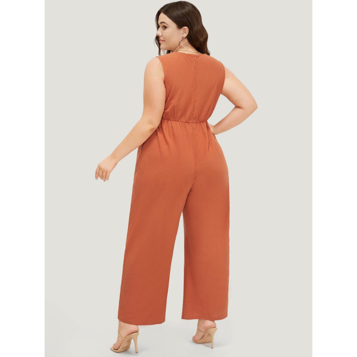 Plus Size OrangeRed Plain Pocket Zipper Patchwork Tank Jumpsuit Women Casual Sleeveless Round Neck Dailywear Loose Jumpsuits BloomChic 22-24/3X Product Image
