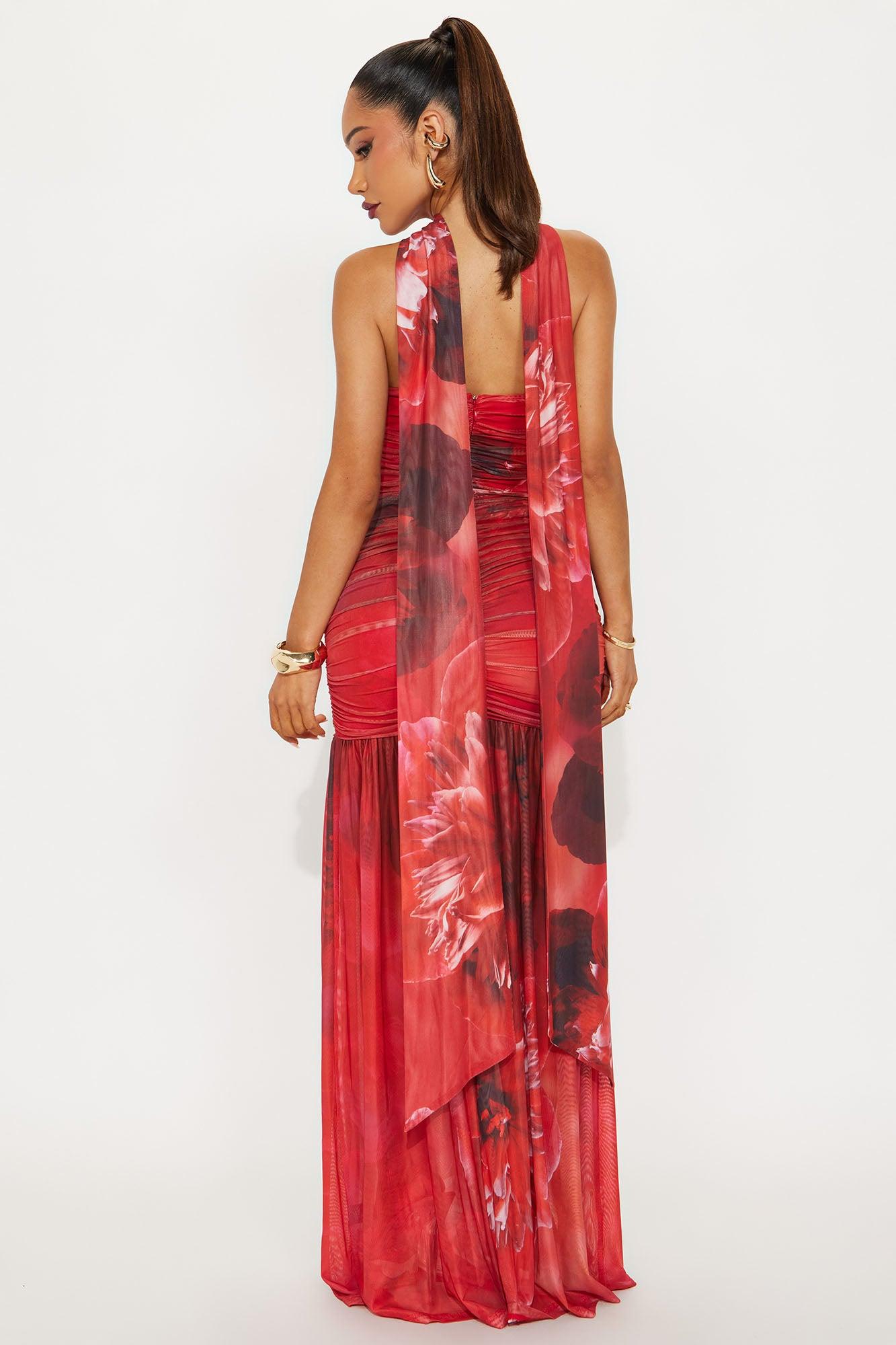 Mariana Floral Mesh Maxi Dress - Red/combo Female Product Image