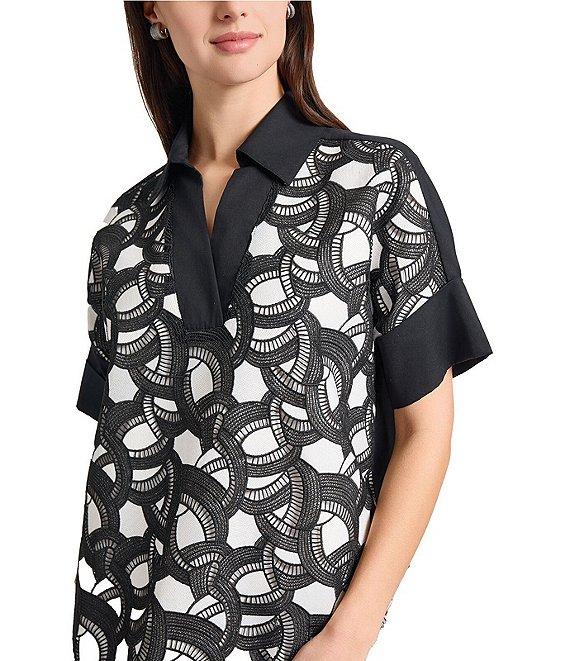 Ming Wang Mixed-Media Two-Toned Lace Point Collar V-Neck Short Sleeve Dress Product Image