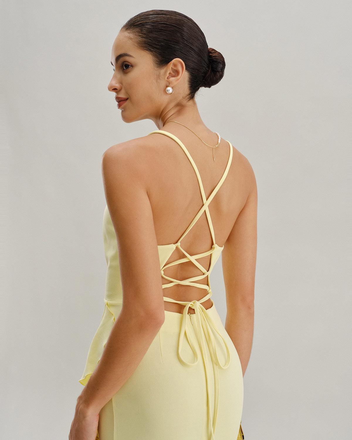 Yellow Ruffle Backless Slit Slip Maxi Dress Product Image