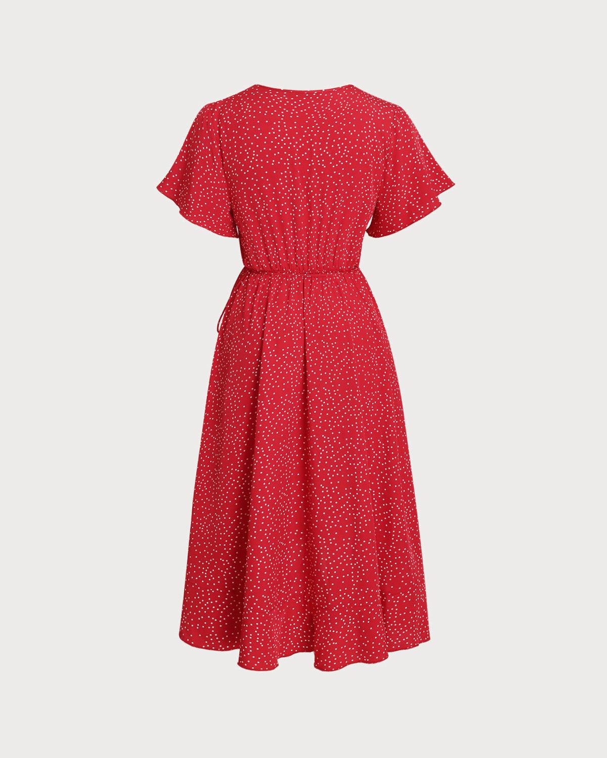 Plus Size Red V Neck Polka Dot  Midi Dress Product Image