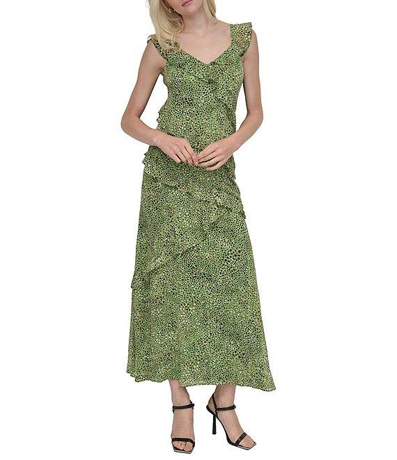 DKNY by Donna Karan Chiffon Dotted Print V Neck Sleeveless Ruffle Sheath Dress Product Image