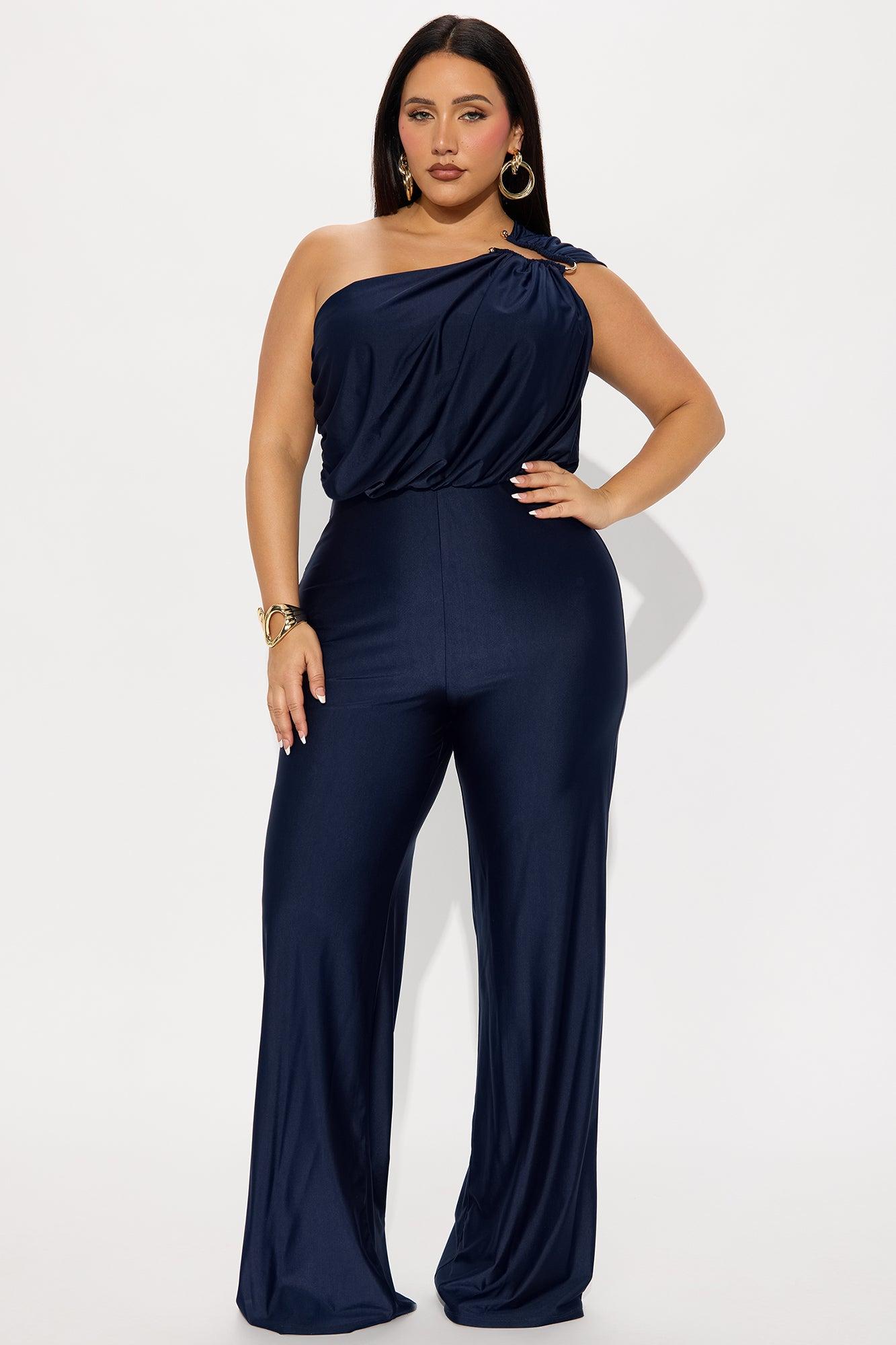 Marisol Wide Leg One Shoulder Jumpsuit - Navy Product Image