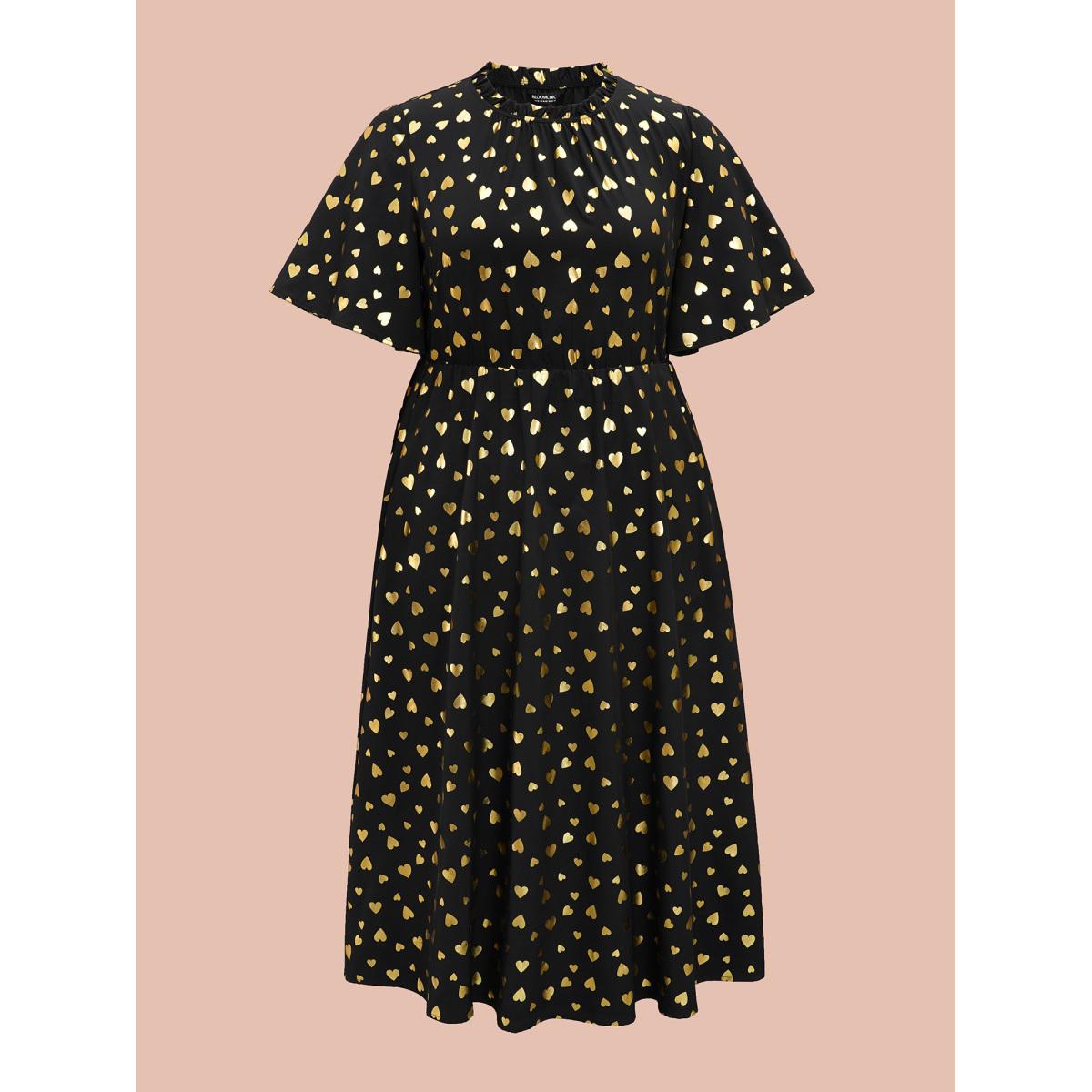 Plus Size Glitter Heart Print Stretchy Waist Dress BlackFlower Women Cocktail Texture Party Curvy Bloomchic 10/M Product Image