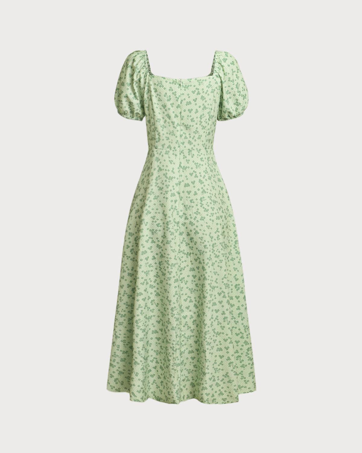 Green Floral Square Neck Puffed Sleeve Midi Dress Product Image