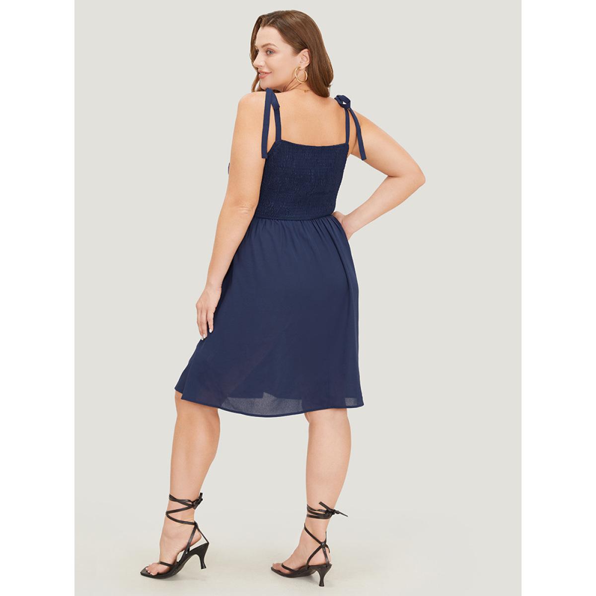 Plus Size Plain Button Detail Pocket Shirred Ruffles Knot Cami Dress Indigo Women Elegant Frill Trim Spaghetti Strap Sleeveless Curvy Knee Dress BloomChic 28/5X Product Image