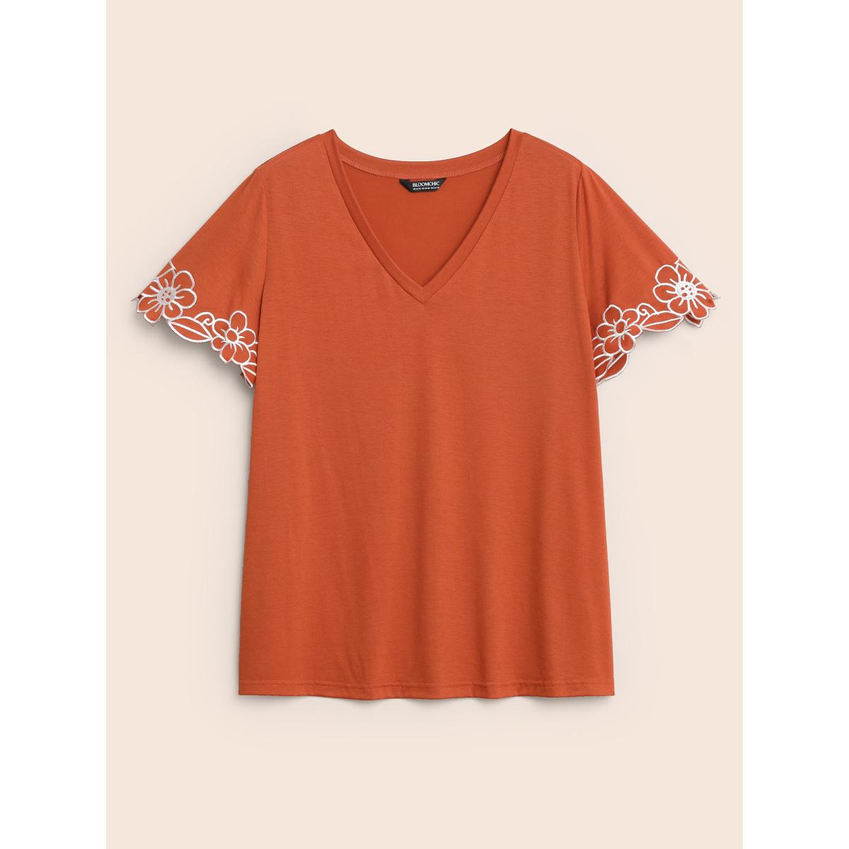 Plus Size V Neck Floral Embroidered T-shirt Rust Women Resort Embroidered V-neck Vacation T-shirts BloomChic 14-16/1X Product Image