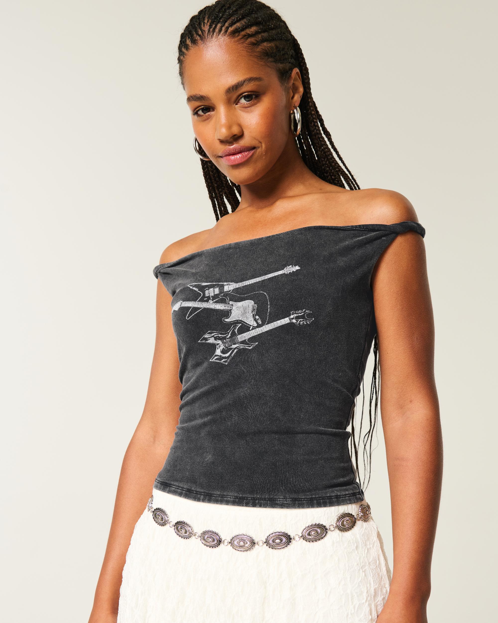 Twisted Off-the-Shoulder Guitar Graphic Tee Product Image