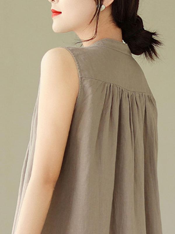 A-Line Sleeveless Buttoned Pleated Solid Color Round-Neck Midi Dresses Product Image