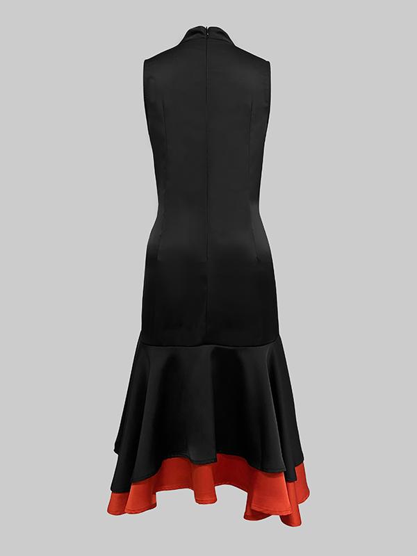 Loose Sleeveless Contrast Color Split-Joint Tiered High Neck Evening Dresses Midi Dresses Product Image