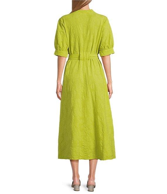 Bryn Walker Augustina Floral Cotton Jacquard Banded Collar Elbow Sleeve Button Front Maxi Dress Product Image