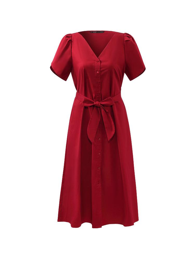 Petal Sleeves Gathered Waist V-Neck Women Midi Dress With Belt Product Image