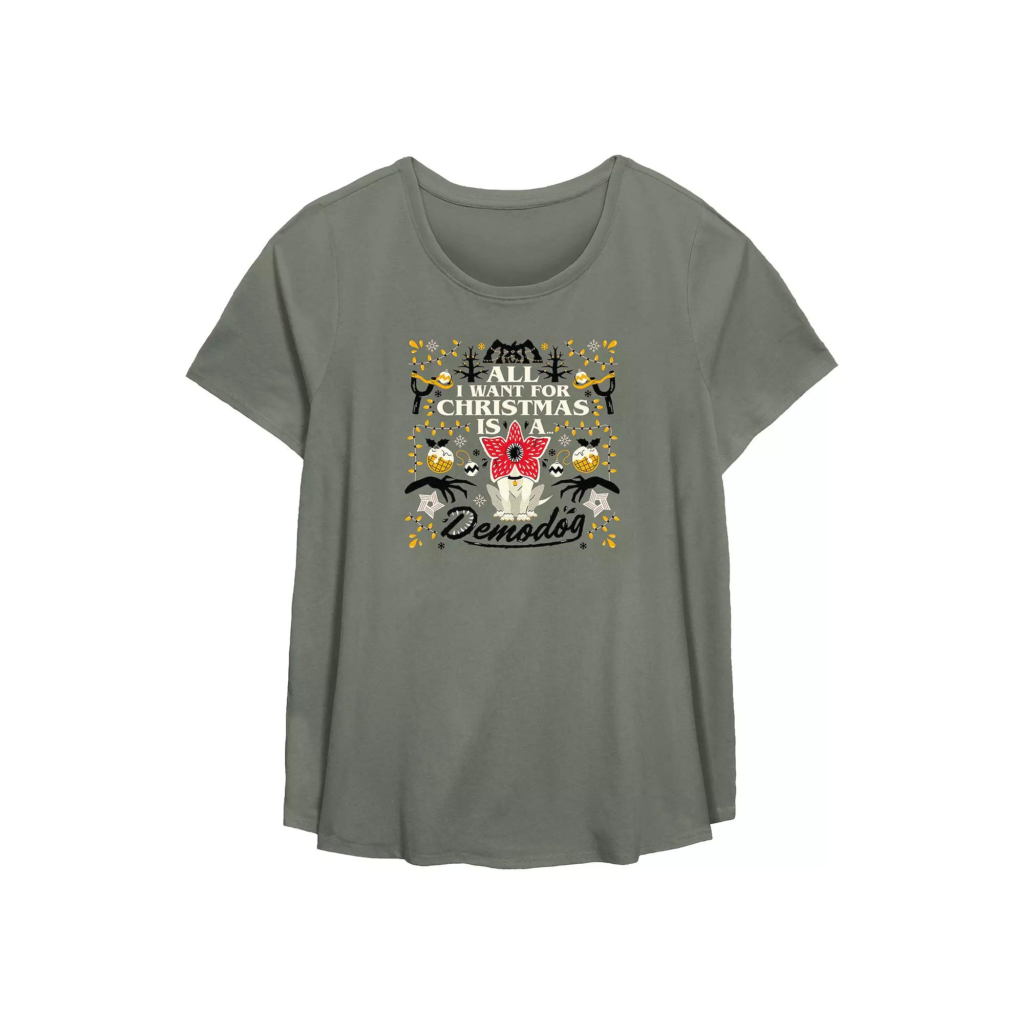 Plus Size Stranger Things All I Want For Christmas Is A Demodog Flowy Graphic Tee, Women's, Size: 4XL, Green Product Image