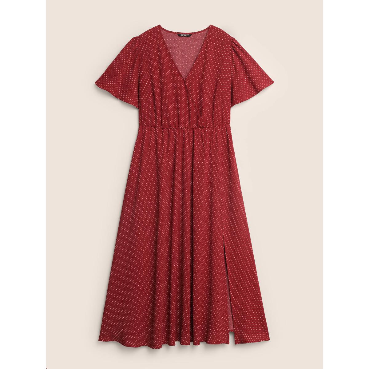 Plus Size Polka Dot Overlap Collar Split Hem Dress Scarlet Women Elegant Ruffles Overlap Collar Short sleeve Curvy BloomChic 12/L Product Image