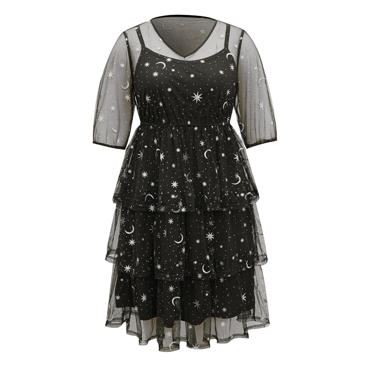 Plus Size Crochet Lace Mesh Moon & Star Dress Black Women Cocktail See through V-neck Elbow-length sleeve Curvy Midi Dress BloomChic 30/6X Product Image