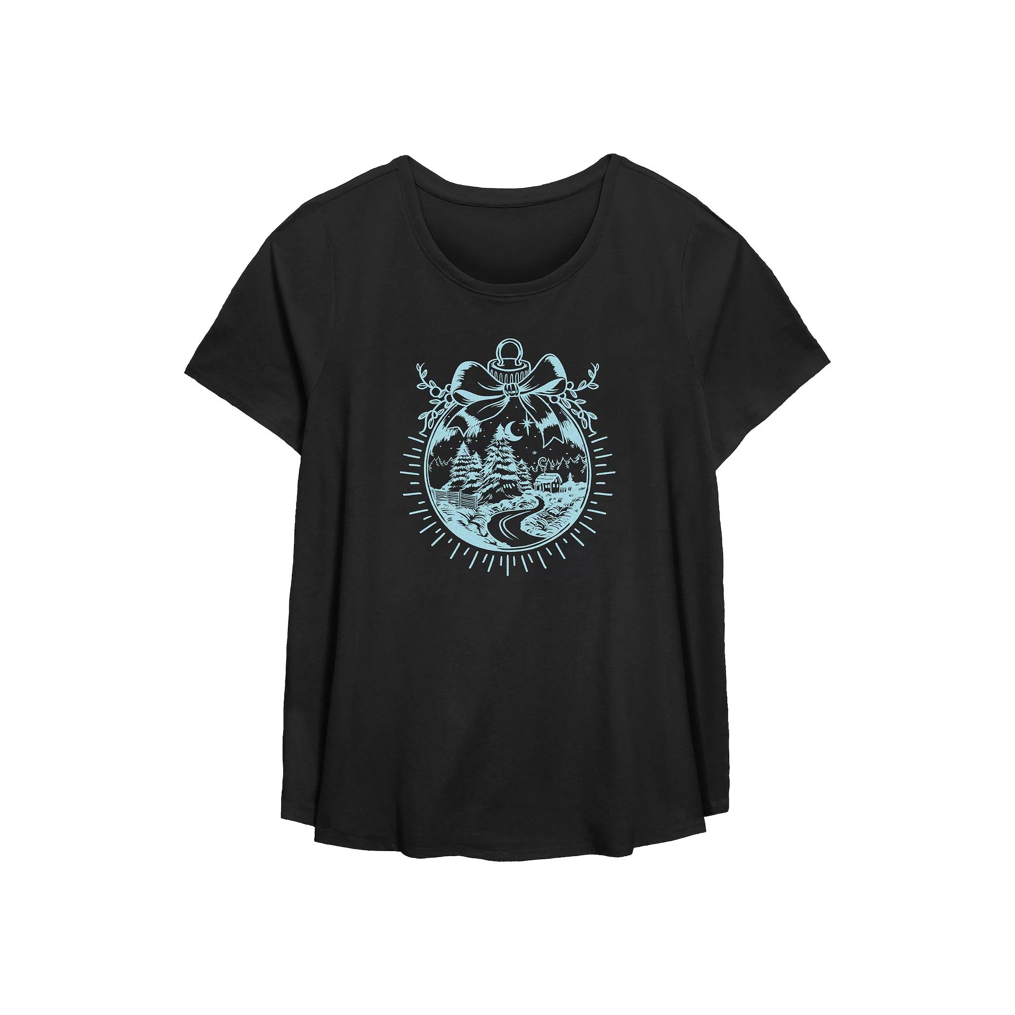 Plus Size Christmas Scene Ornament Flowy Graphic Tee, Women's, Size: 0X, Black Product Image