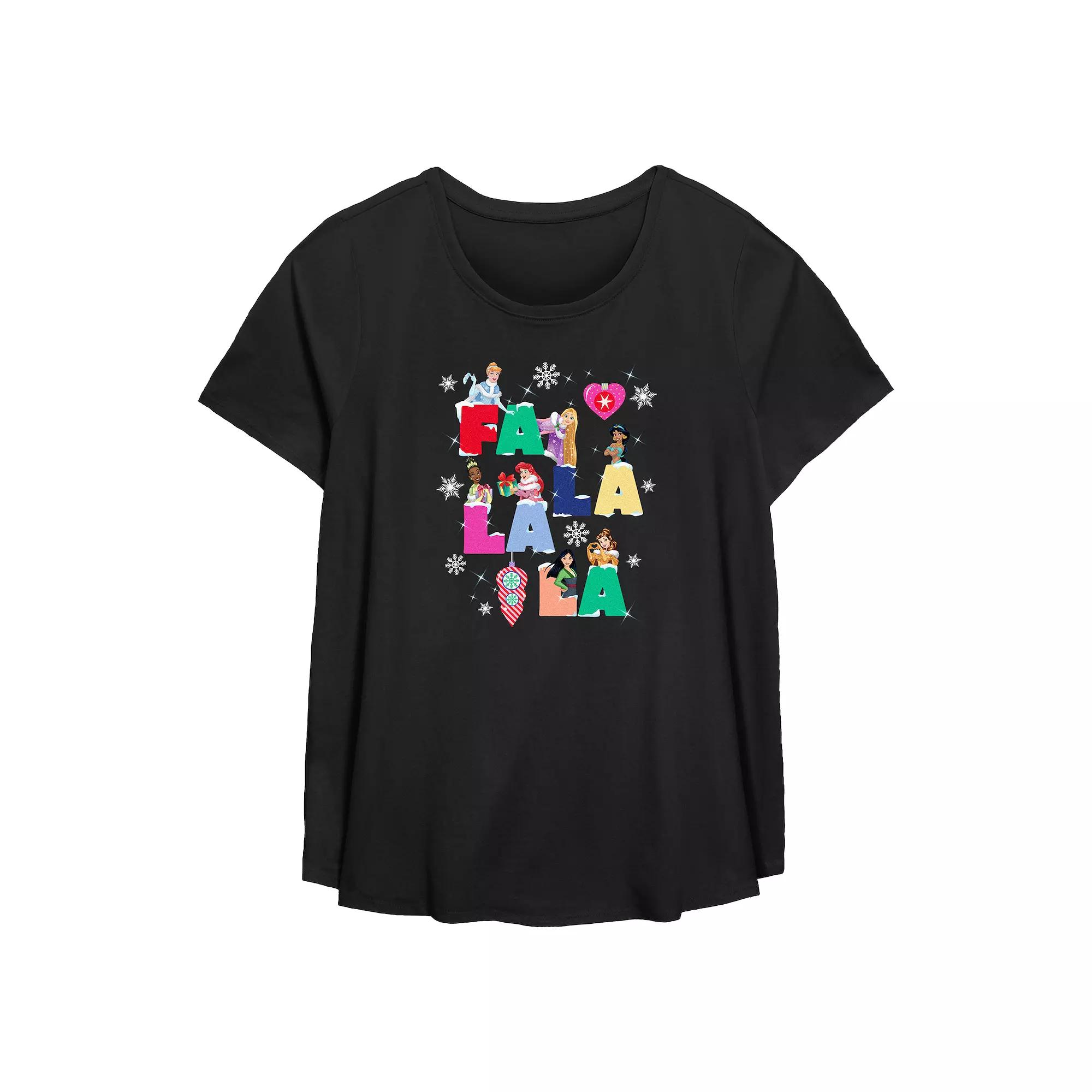 Disney Princess Cinderella, Rapunzel, Jasmine, Tiana, Ariel, Mulan & Belle Fa La La La Christmas Singing Plus Size Flowy Graphic Tee, Women's, Size: 0X, Black Product Image