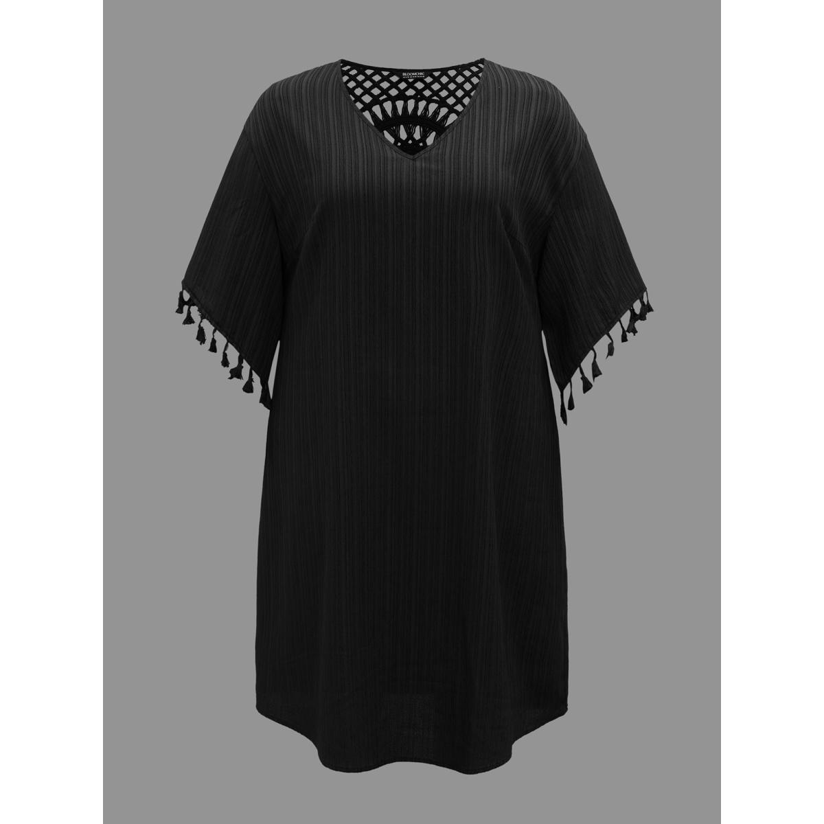 Plus Size V-Neck Cut-Out Tassels Spliced Midi Dress Black Women Resort Woven ribbon&lace trim V-neck Elbow-length sleeve Curvy BloomChic 28/5X Product Image