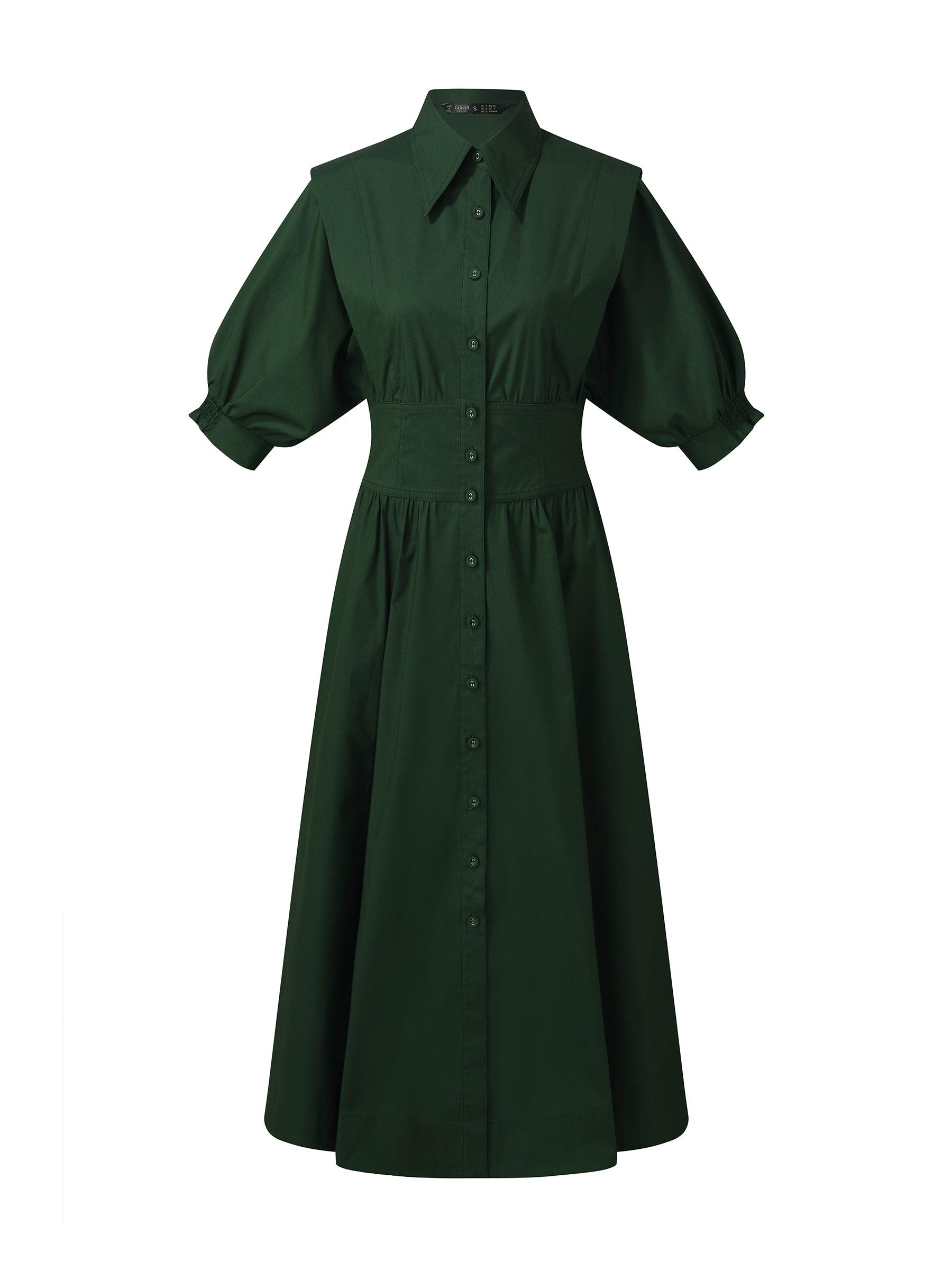 Dark Green Gathered Waist Women Maxi Shirt Dress Product Image