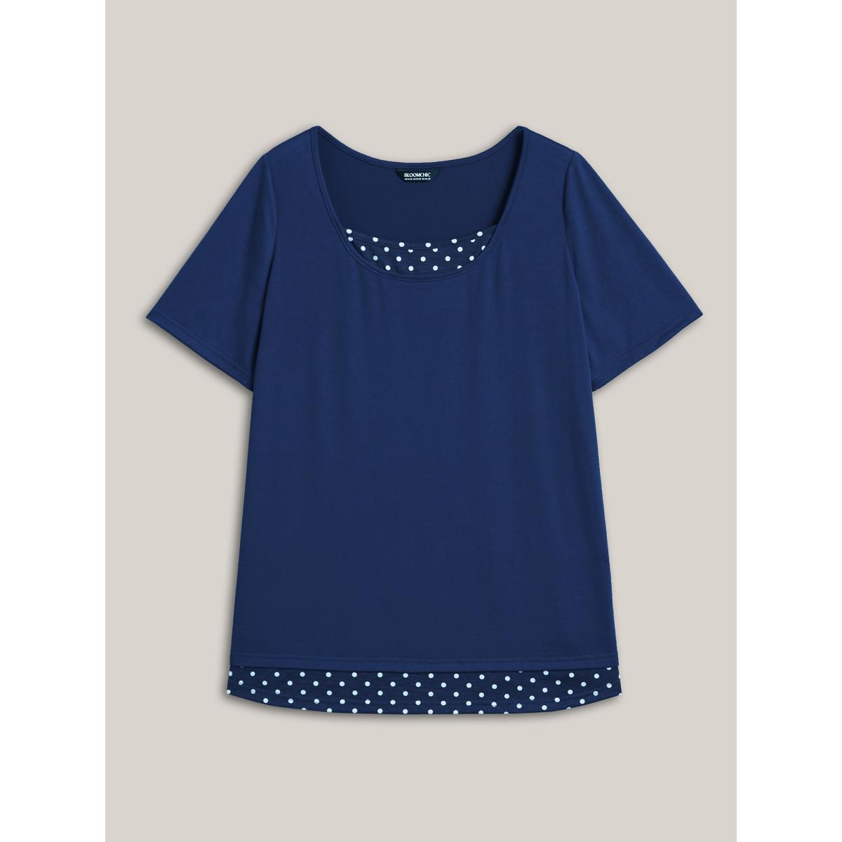 Plus Size Mixed Fabric Polka Dots Patchwork T-Shirt Indigo Women Leisure Contrast Round Neck Casual T-shirts BloomChic 14-16/1X Product Image