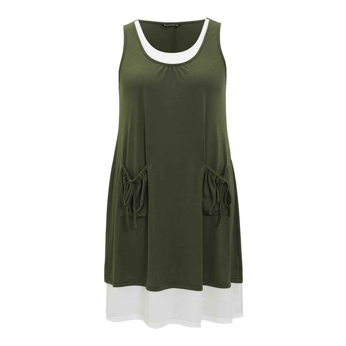 Plus Size Two Tone Knot Pocket Patchwork Dress ArmyGreen Women Casual Contrast Round Neck Sleeveless Curvy Knee Dress BloomChic 26/4X Product Image