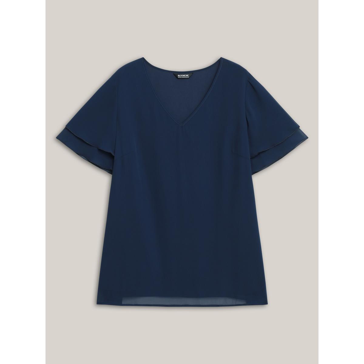 Plus Size Indigo Chiffon Layered Sleeve Solid Blouse Women At the Office Short sleeve V-neck Work Blouses BloomChic 26/4X Product Image