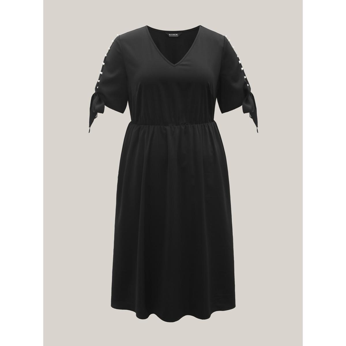 Plus Size Cut-Out Sleeve Beaded Pockets Midi Dress Black Women At the Office Tie knot V-neck Short sleeve Curvy BloomChic 18-20/2X Product Image