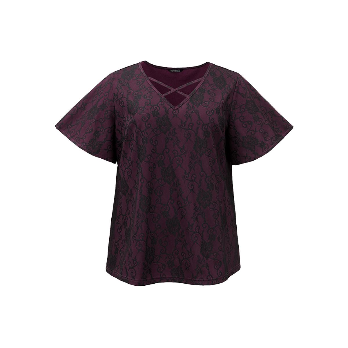 Plus Size Lace Crisscross Neck T-shirt Burgundy Women Elegant Lace Silhouette Floral Print V-neck Dailywear T-shirts BloomChic 28/5X Product Image