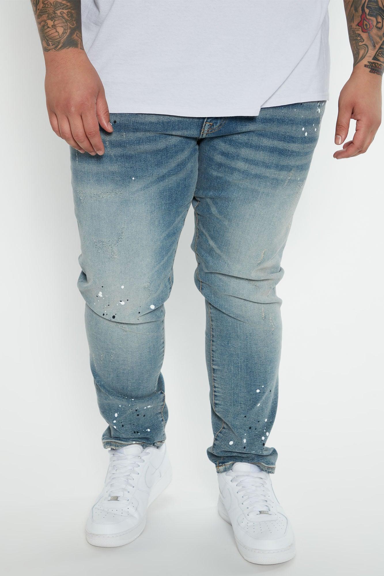 Ripped And Bleach Splatter Slim Jeans - Light Blue Wash Product Image