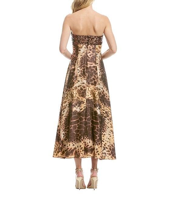 Dress the Population Miranda Strapless Sequin Animal Print Empire Waist Tea Length Dress Product Image