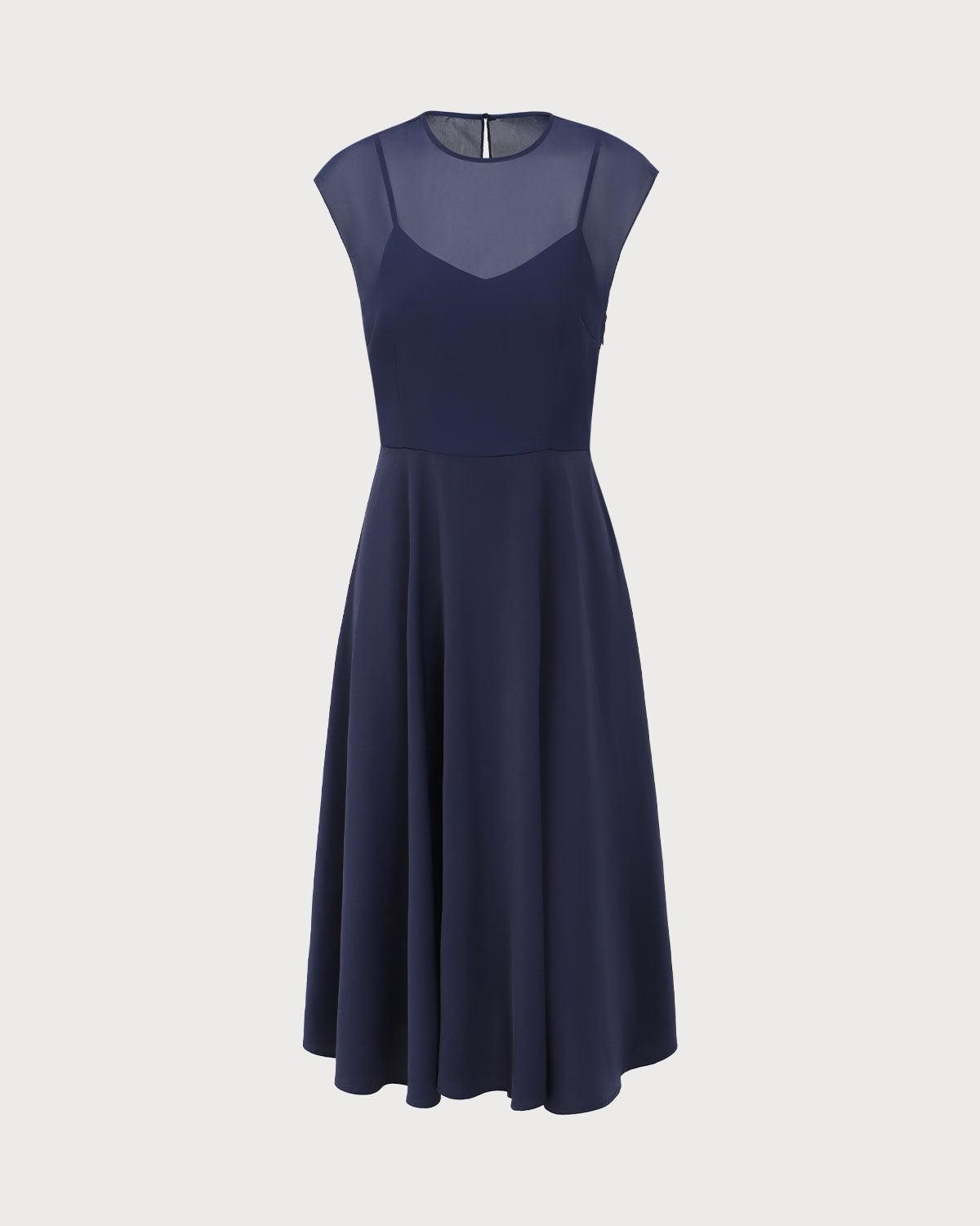 Navy See-through Cap Sleeve Midi Dress Product Image