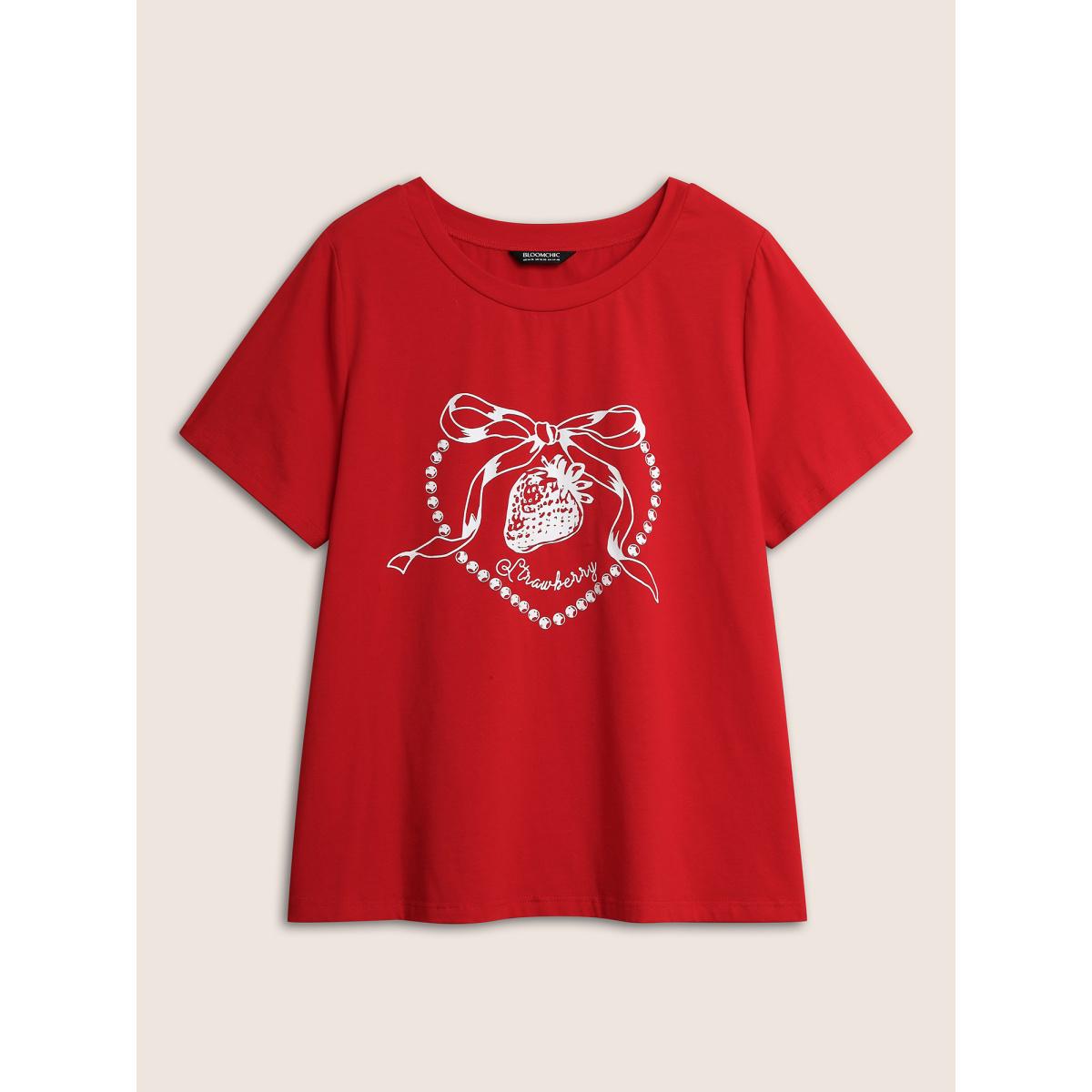 Plus Size Crew Neck Strawberry Print T-shirt Brightred Women Casual Contrast Fruit Round Neck Everyday T-shirts BloomChic 30/6X Product Image
