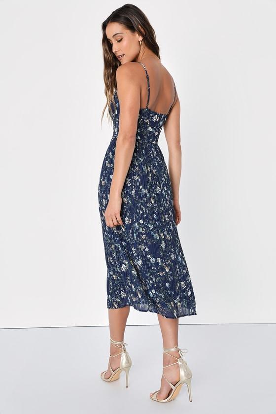 Poise and Perfection Navy Floral Print Pleated Midi Dress Product Image