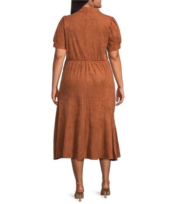 Sugarlips Plus Size Puffed Sleeve Asymmetrical Ruffle Faux Suede Midi Dress Product Image