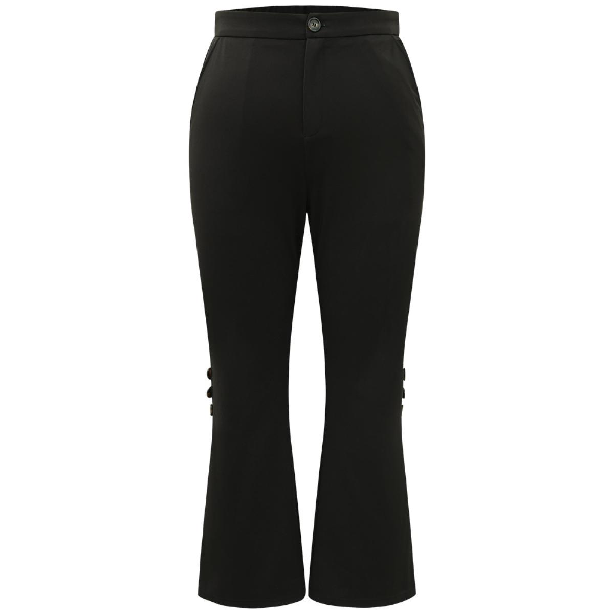 Plus Size Plain Button Detail Elastic Waist Mesh Patchwork Pants Women Black Elegant Bootcut High Rise Dailywear Pants BloomChic 12/L Product Image