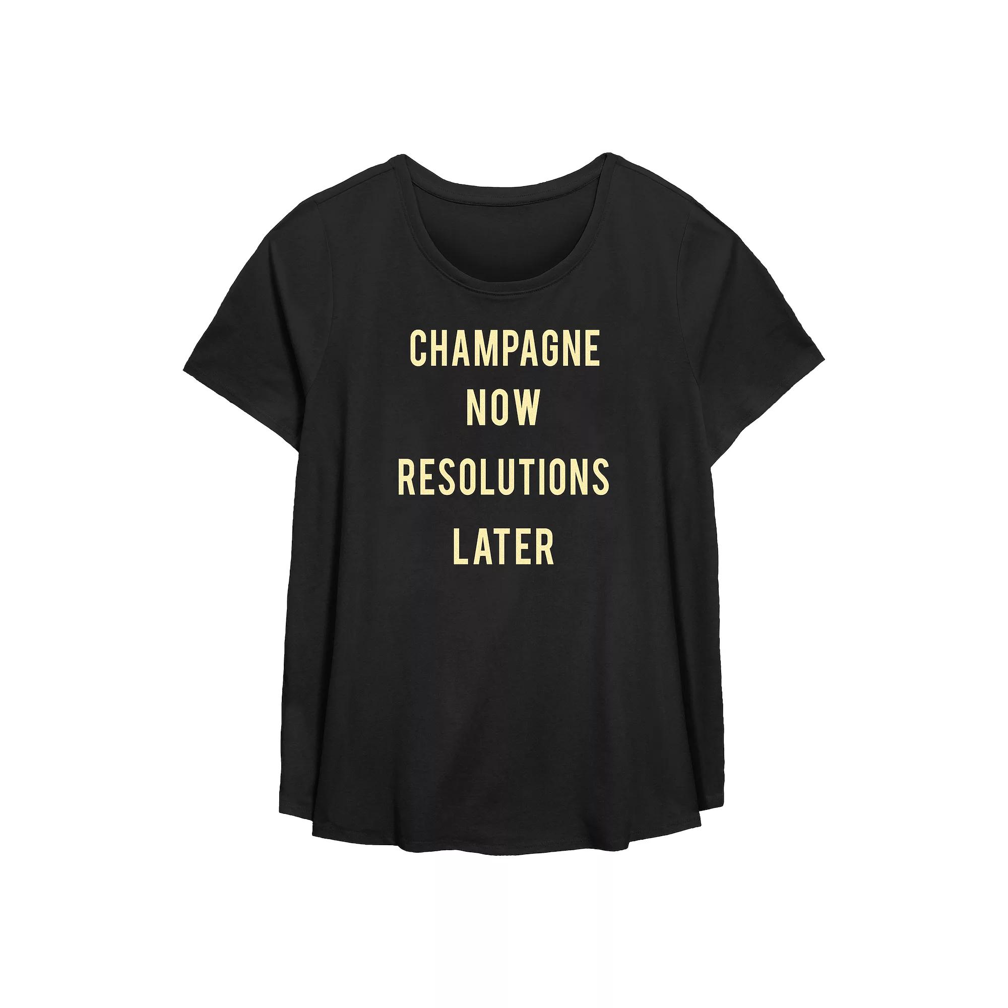 Plus Size Champagne Now Resolutions Later Flowy Graphic Tee, Women's, Size: 4XL, Black Product Image