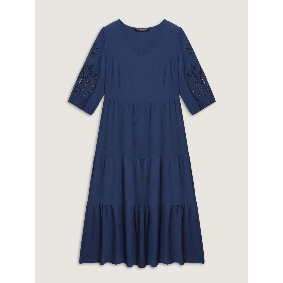 Plus Size Solid Round Neck Shirred Midi Dress Black Women At the Office Shirred Round Neck Elbow-length sleeve Curvy BloomChic 14-16/1X Product Image