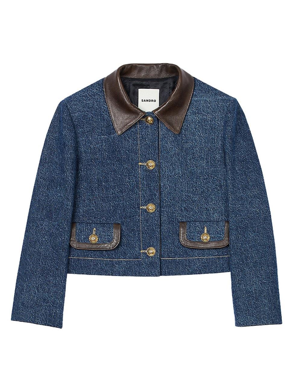 Womens Denim Jacket with Leather Collar Product Image
