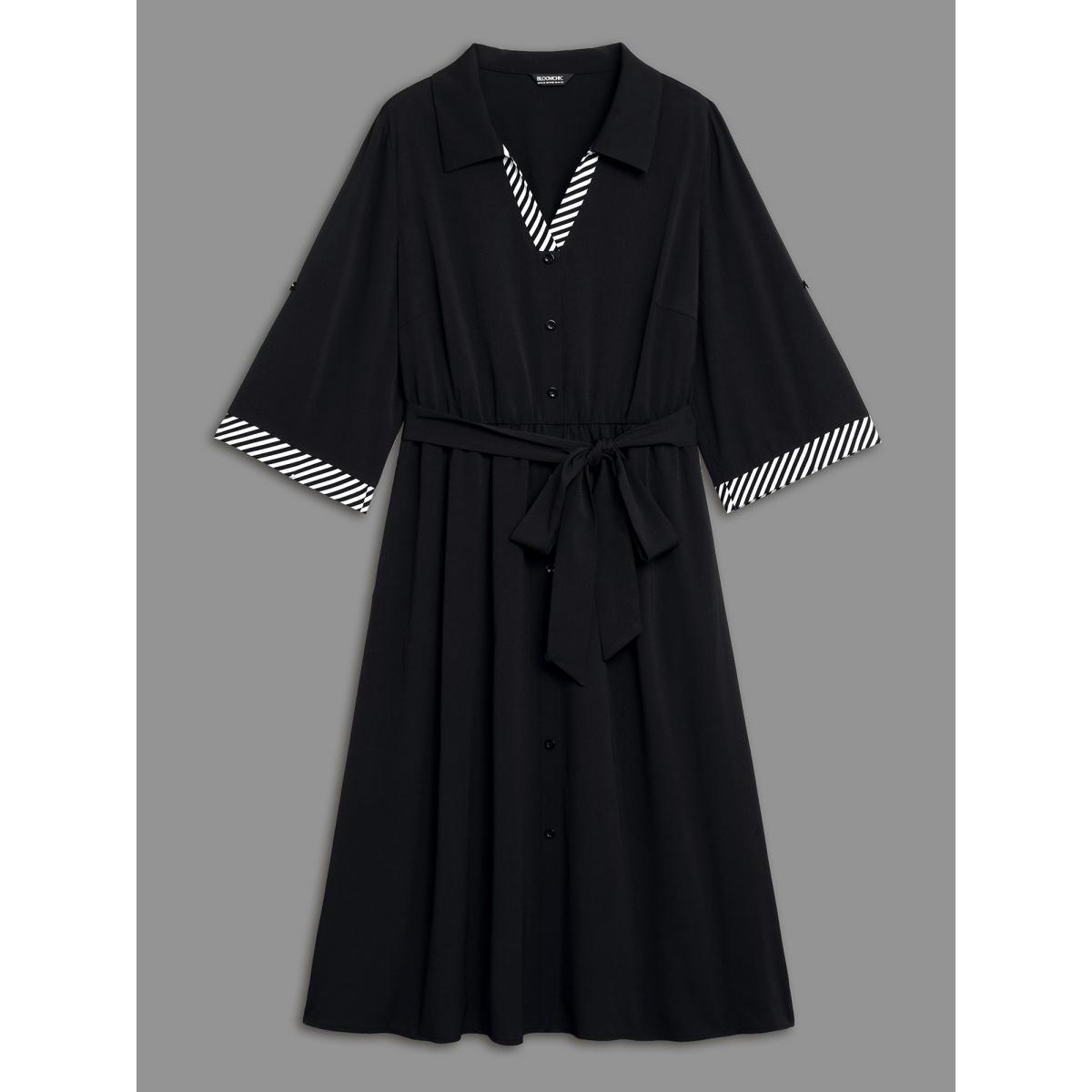 Plus Size Tab Sleeve Striped Belted Shirt Dress Black Women At the Office Belted Shirt collar Elbow-length sleeve Curvy BloomChic 12/L Product Image