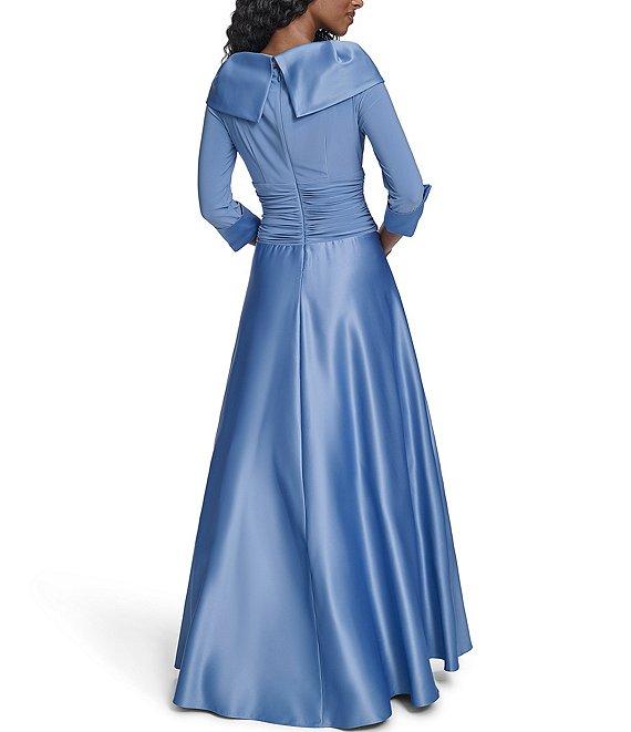 Jessica Howard Petite Size Portrait Collar V-Neck 3/4 Sleeve Rhinestone Cuff Ruched Waist Satin Gown Product Image