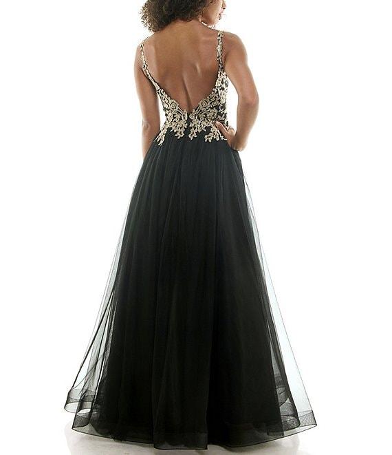 B. Darlin Sleeveless Spaghetti Strap Embellished Embroidered Ball Gown Product Image
