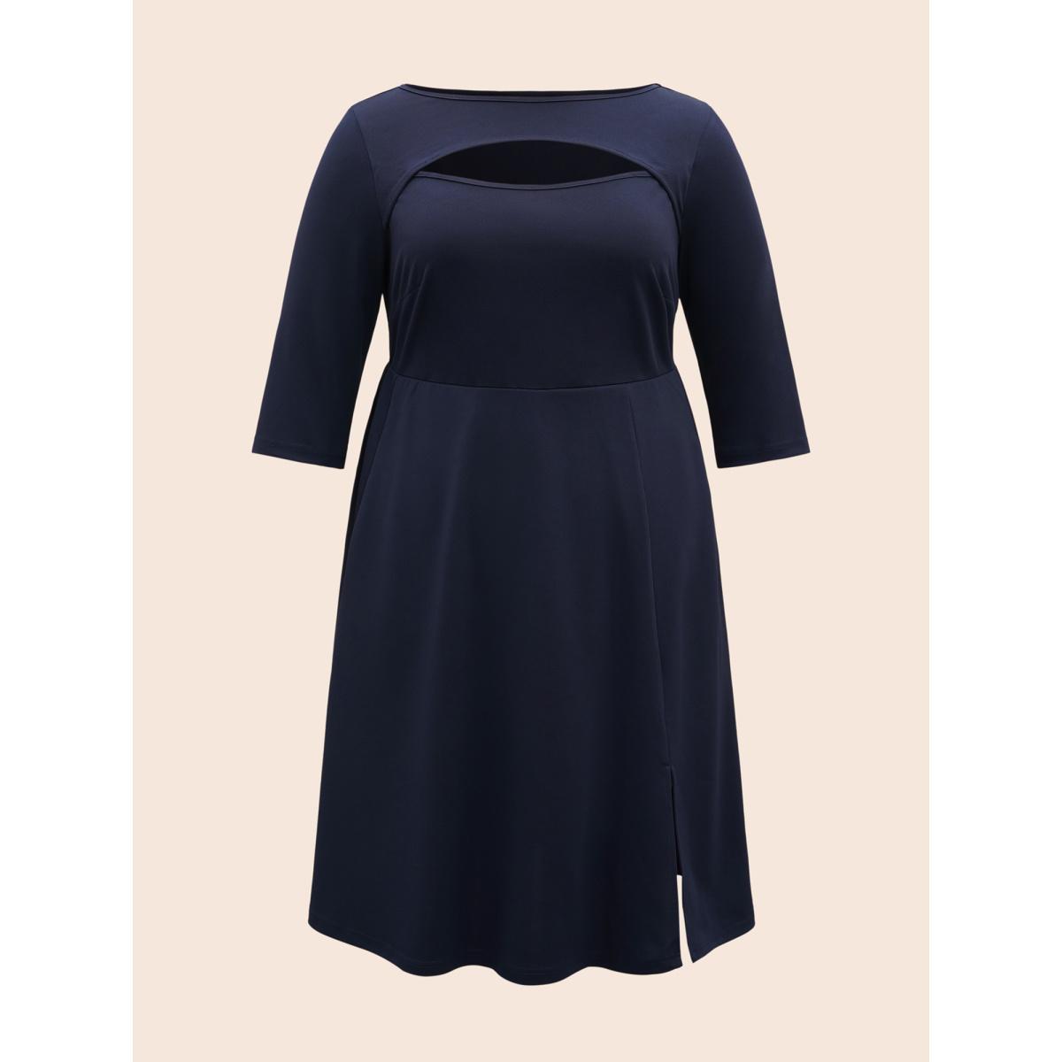 Plus Size Solid Cut Out Split Hem Dress Navy Women At the Office Cut-Out Boat Neck Elbow-length sleeve Curvy BloomChic 30/6X Product Image