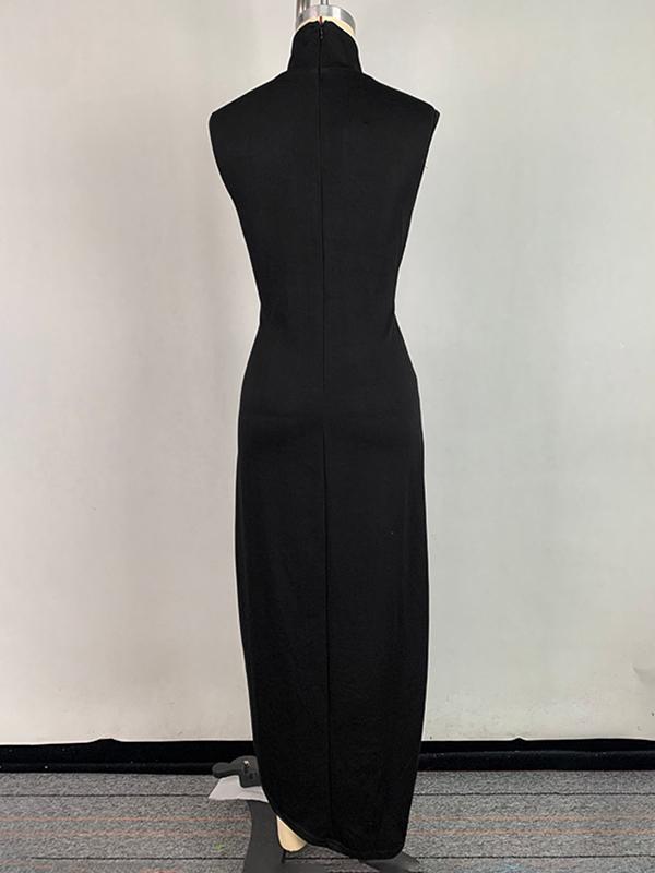 Bodycon Sleeveless Buttoned Solid Color Split-Side High Neck Maxi Dresses Product Image