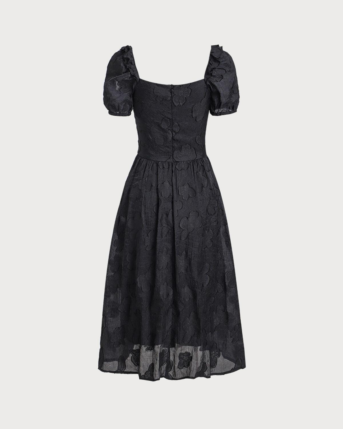 Black Square Neck Puffed Sleeve Midi Dress Product Image