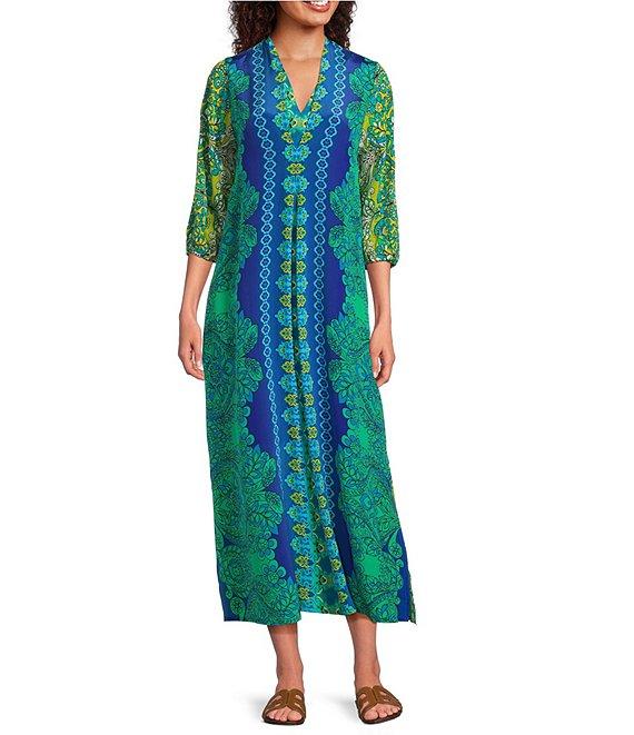 JOHNNY WAS Kahinu Silk Ornate Print V-Neck 3/4 Sleeve Maxi Caftan Dress Product Image